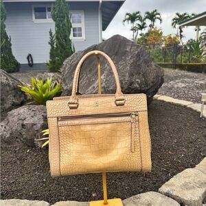 Kate Spade CALL OUTS New York Croc Embossed Leather Satchel Beige Top Handle Bag